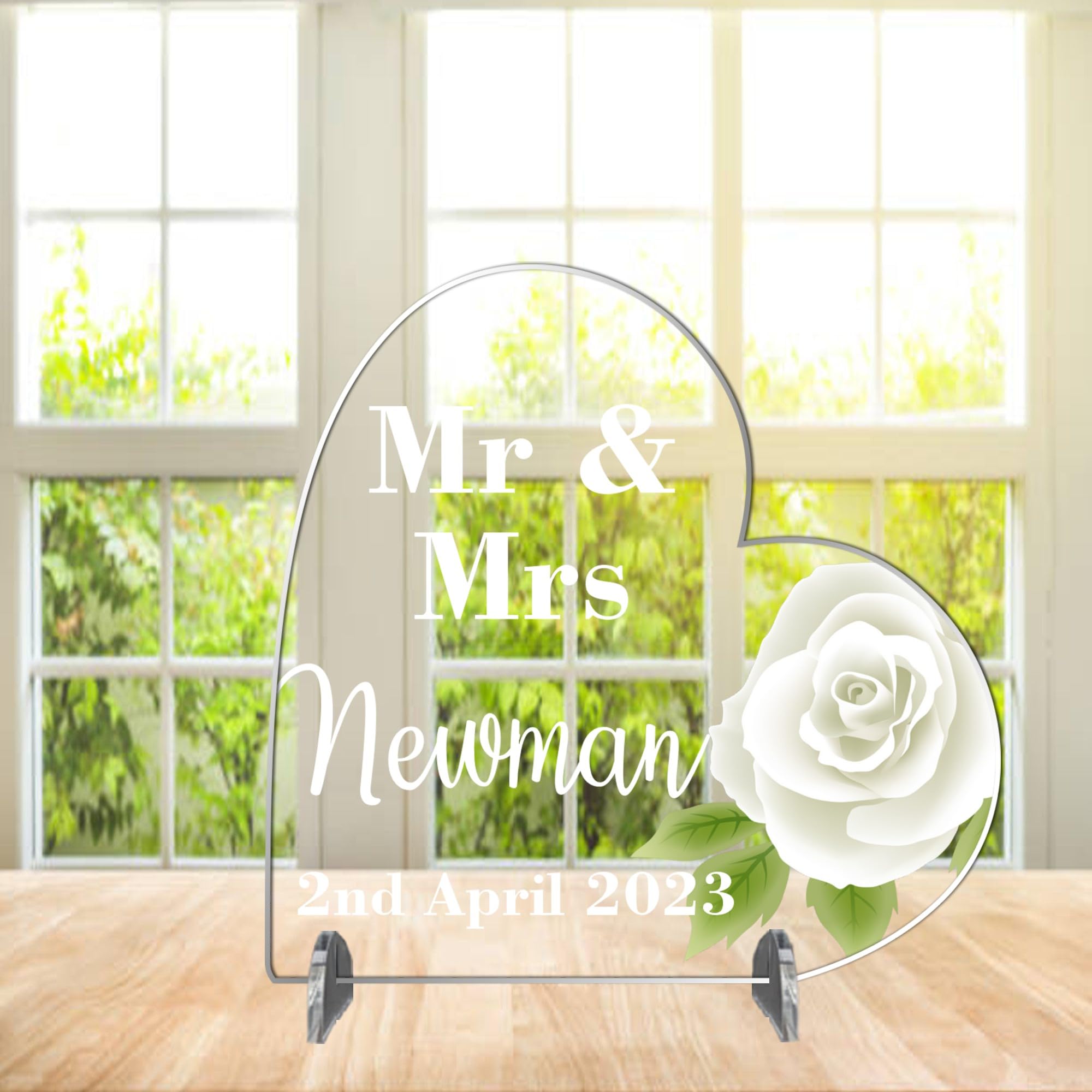 Pixie's Gifts Personalised Clear Acrylic Wedding Plaque with Stand: Custom Keepsake for Couples - Perfect for Wedding or Anniversary (Acrylic 13.5cm x 13.5cm, White Rose)