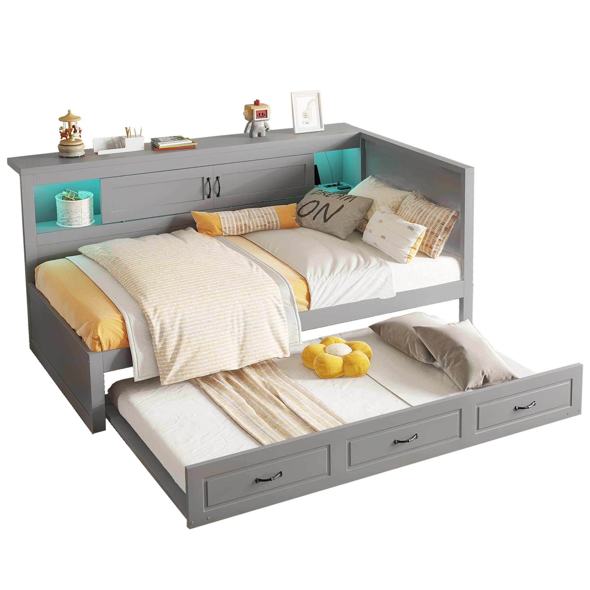 Azkoeesy Letto funzionale, divano letto con letto estraibile, armadio e ante scorrevoli, presa USB, illuminazione a LED, senza materasso (grigio, 90 x 190/200 cm)