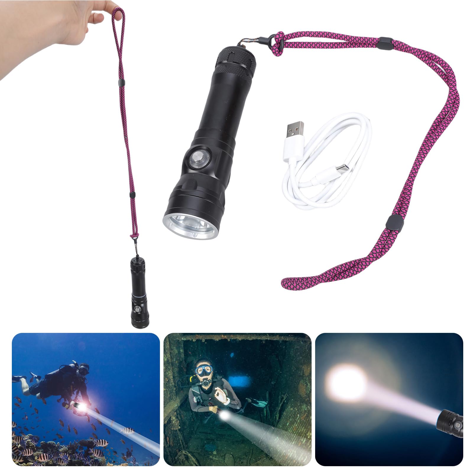 Torcia elettrica subacquea a LED con struttura in metallo e luce da pesca adatta per immersioni in mare e pesca
