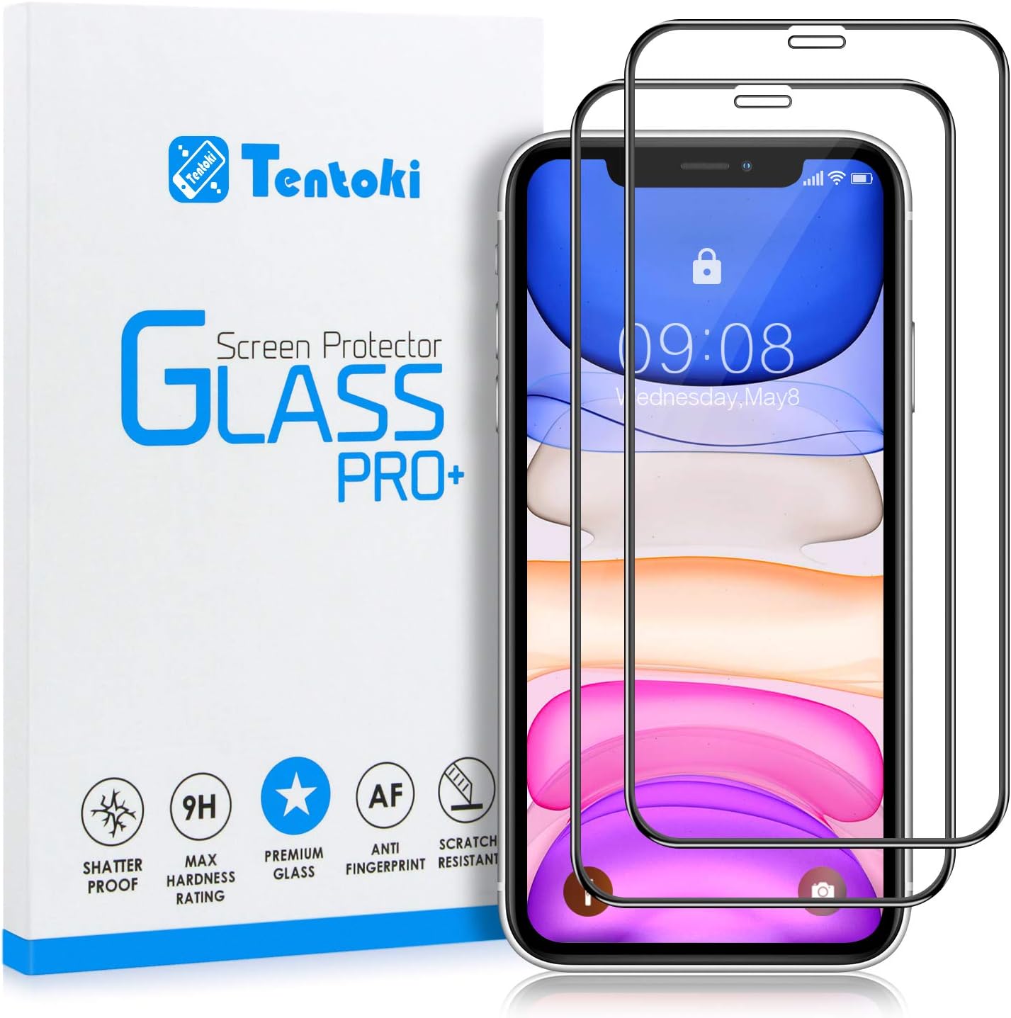 Tentoki Screen Protector for iPhone XR/iPhone 11, [2 Pack] Full Coverage Tempered Glass Screen Protector Film With [ Anti-Fingerprint, Case-Friendly ] Compatible with iPhone XR/iPhone 11 6.1''