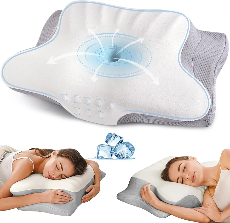 Travesseiro de pescoço cervical para alívio da dor, travesseiro ergonômico para dormir, travesseiros de espuma viscoelástica de contorno com fronha de resfriamento travesseiro ortopédico para dormir