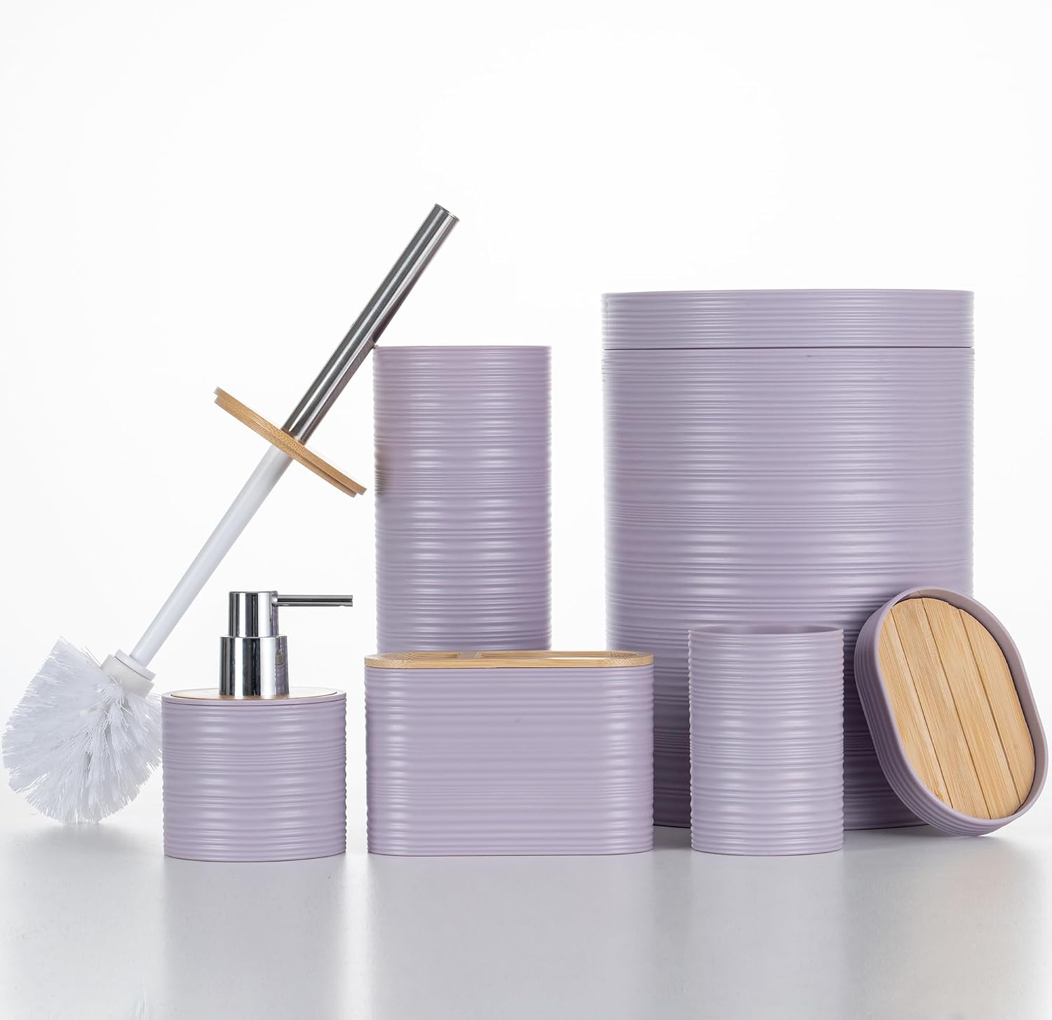 Fun Memories Bathroom Accessories Set 6 Piece Bamboo Bath Ensemble Includes Toothbrush Holder, Soap Dispenser for Decorative Countertop and Housewarming Gift, Violet
