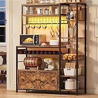 IRONCK 47.24" Bakers Rack with Power Outlet & USB, Microwave Stand, LED Lights, Wine Rack, Storage Cabinet - Vintage Brown Kitchen Organizer