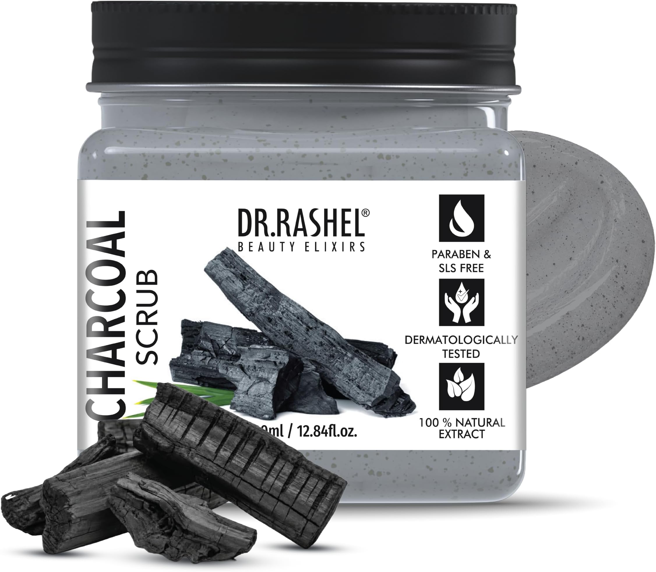 DR.RASHEL Beauty Elixirs Activated Charcoal Scrub for Face & Body Deep Exfoliating Cleanser for Dead Skin, Tan and Blackhead Removal All Skin Types 380 ml