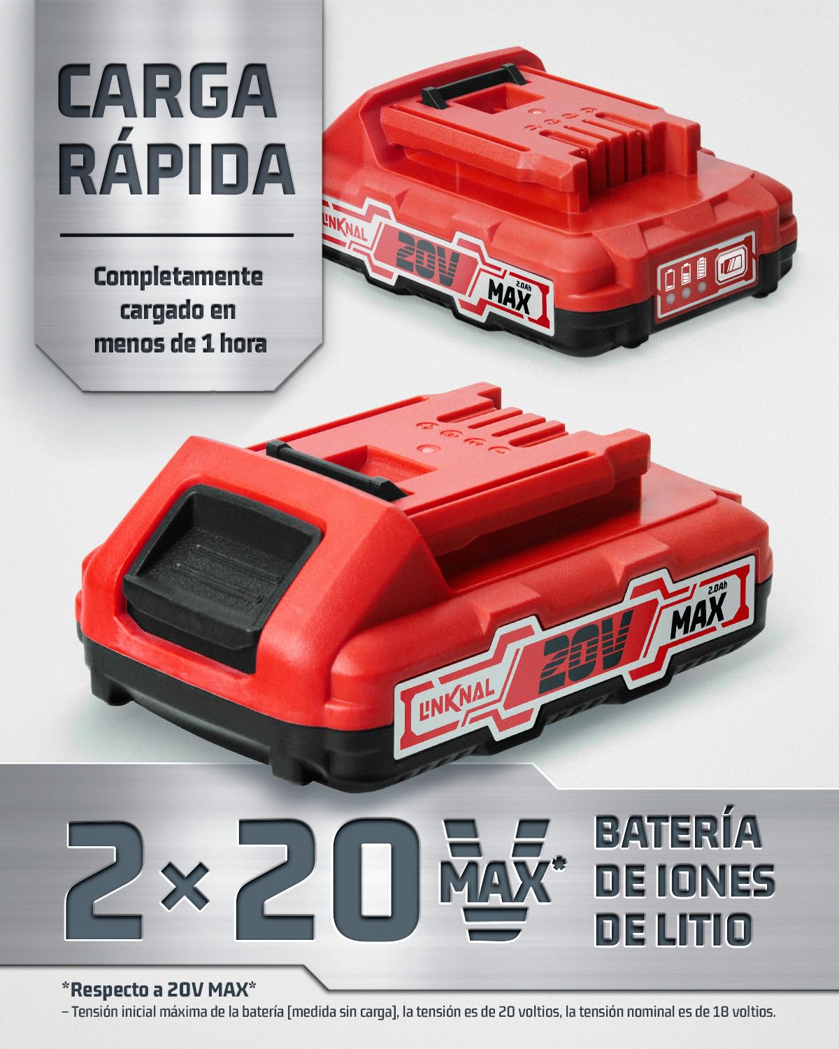 LINKNAL - Pistola de clavos eléctrica, inalámbrica con batería, calibre 18, 2 baterías de iones de litio de 20 V máximo, cargador y 1000 clavos incluidos (L820-BN)