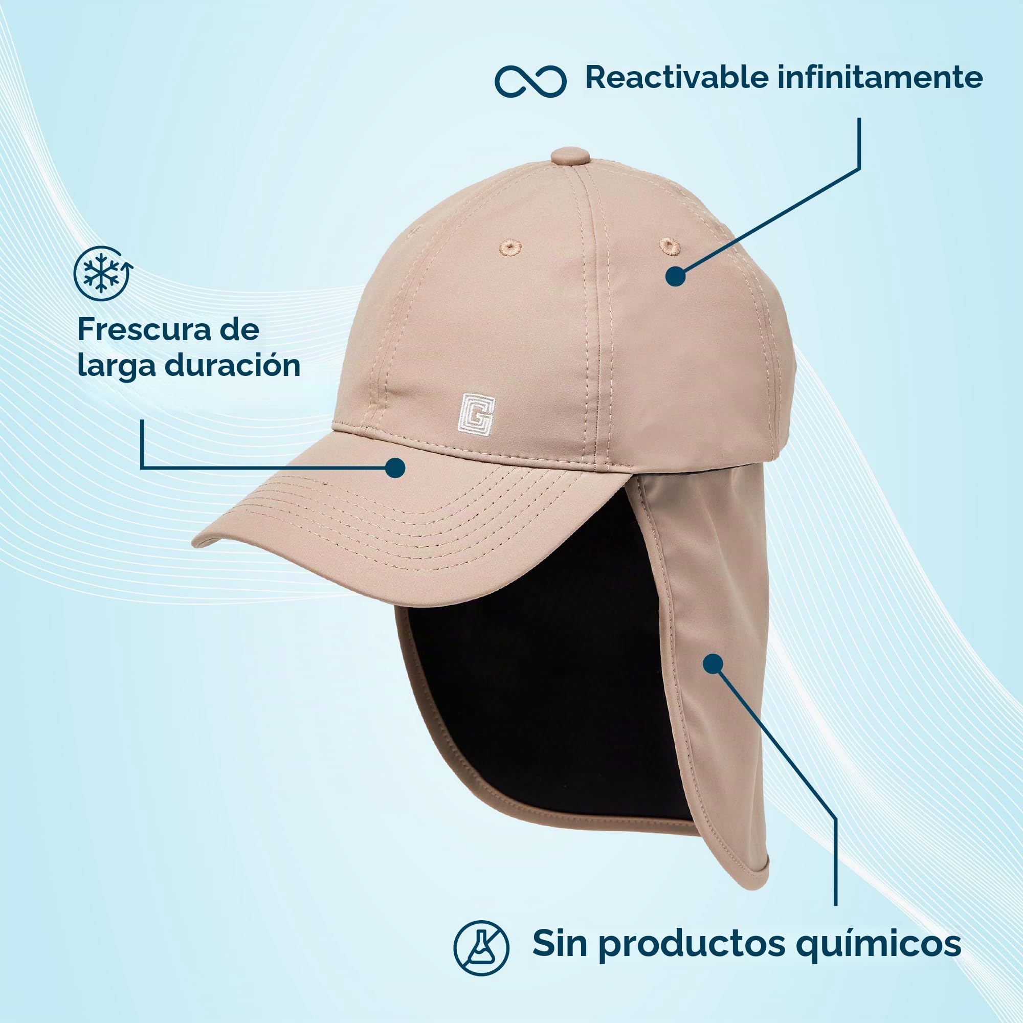 G-HEAT – Gorra Sahariana Anti-UV con protección UPF50+ | Refrescado instantáneo | Ligera, Transpirable | Protector de cuello desmontable | Ideal para ocio, senderismo, verano, quemaduras de sol
