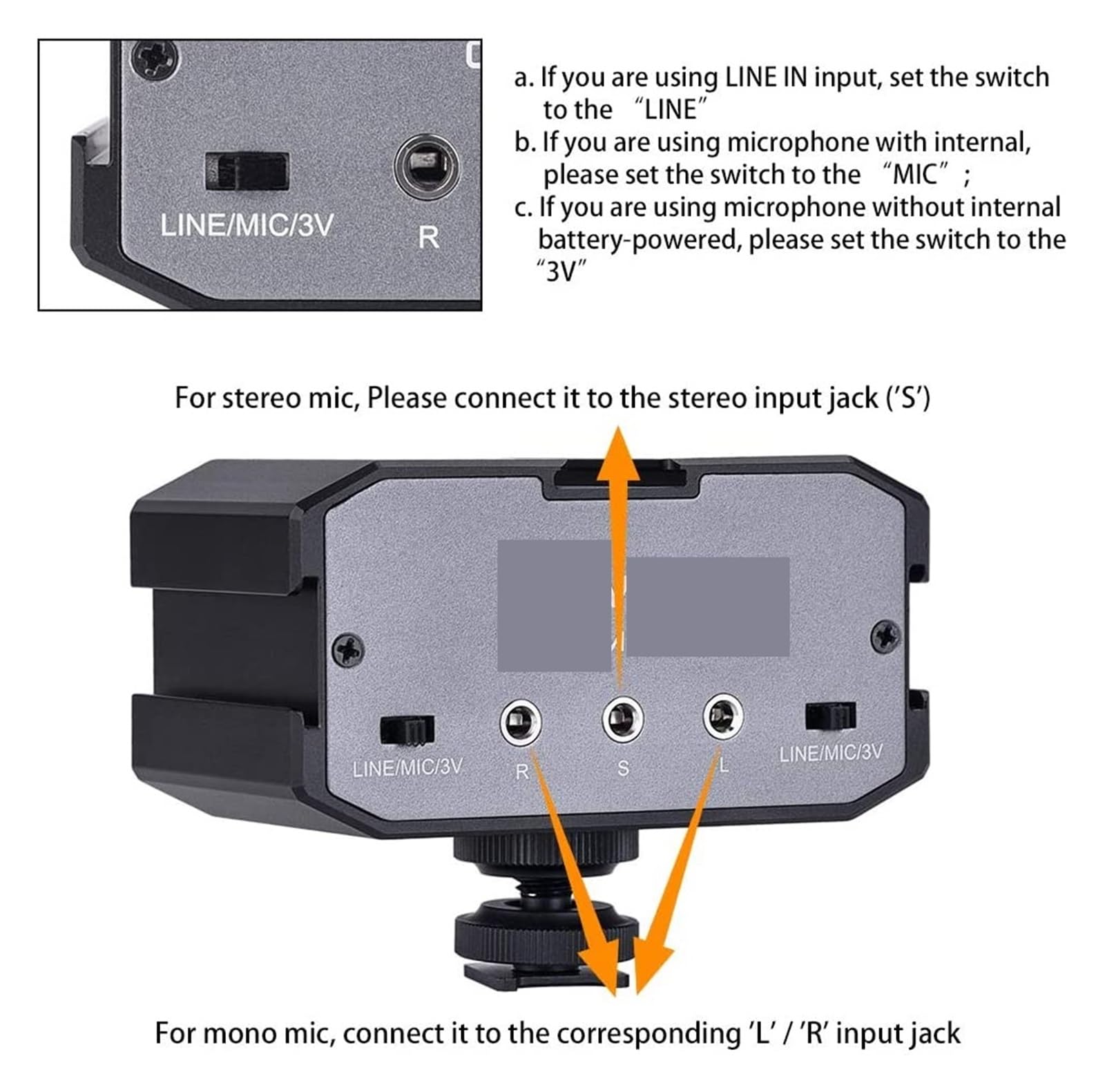 Podcast Equipment, CVM-AX1 Audio-Adapter, Mikrofon-Audio-Mixer-Adapter mit Echtzeitüberwachung, zwei Kanälen, 3,5-mm-Anschluss, Kamera-Mixer