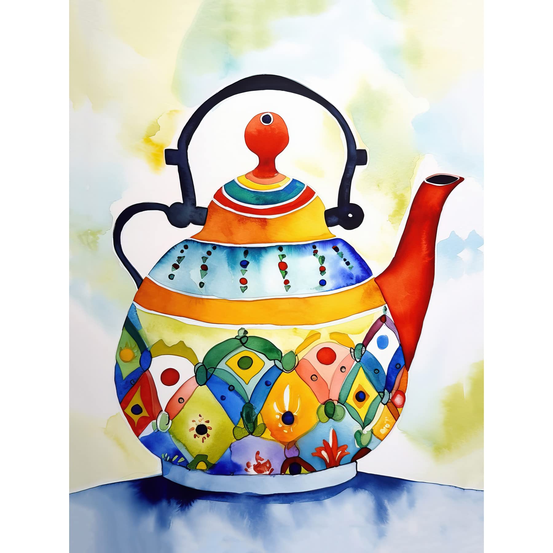 Artery8 Enamelled Patterned Teapot Tea Kettle Folk Art Watercolour Painting Large Wall Art Poster Print Thick Paper 18X24 Inch
