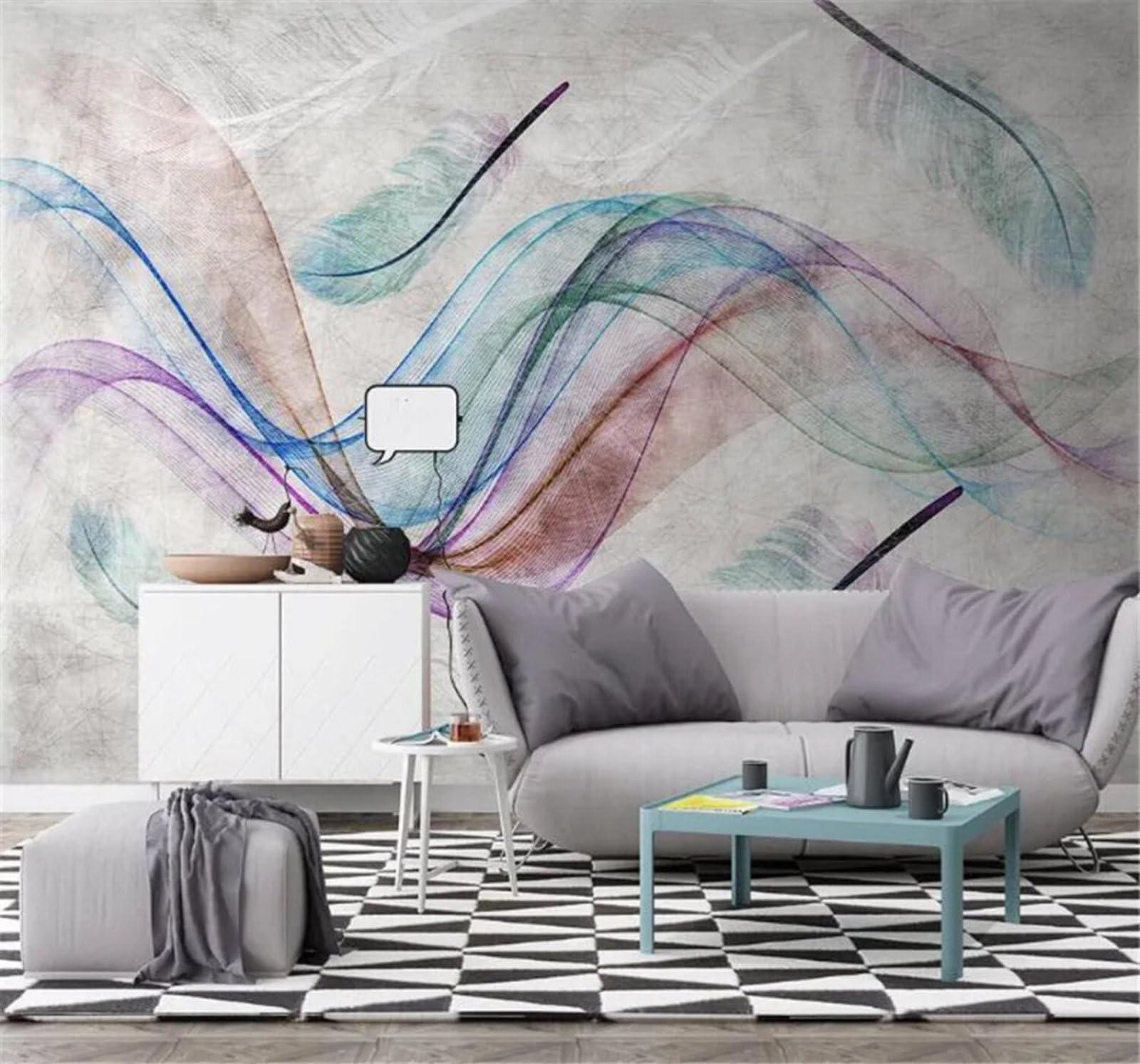Tzxztt Vintage Feathers Abstract Lines Minimalist Modern 3D Wallpaper Premium Textured Silk Neutral Tones Material Ideal for Living Room Bedroom-350cm×256cm