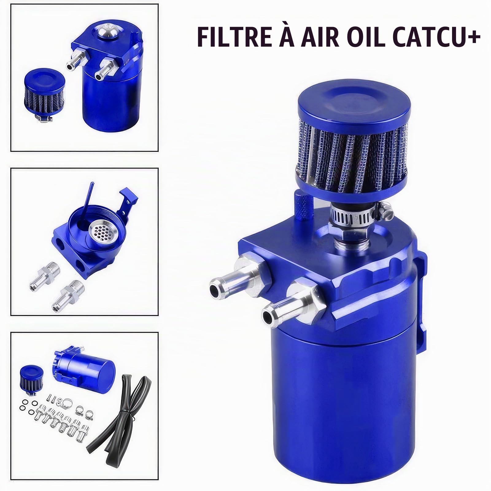 Oil Catch Can Auto, 300ml Réservoir pour Véhicule en Aluminium, Universel Bidon d'Huile Voiture avec Filtre à Air, 2 Ports, Tuyau et kit d'Accessoires(Blue)