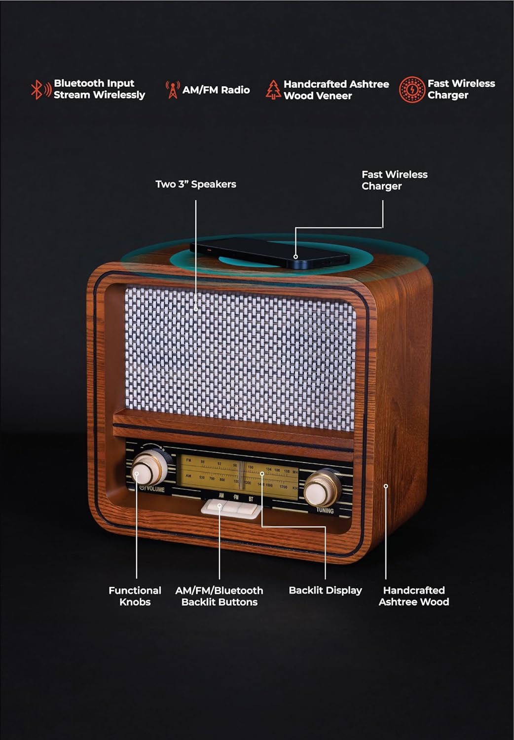 Fuse RAD Vintage Wood Retro Radio | AM/FM Radio with Bluetooth, Wireless Charger & AUX Input | Mid Century Modern Style | Handcrafted Ashtree Wood - Image 5