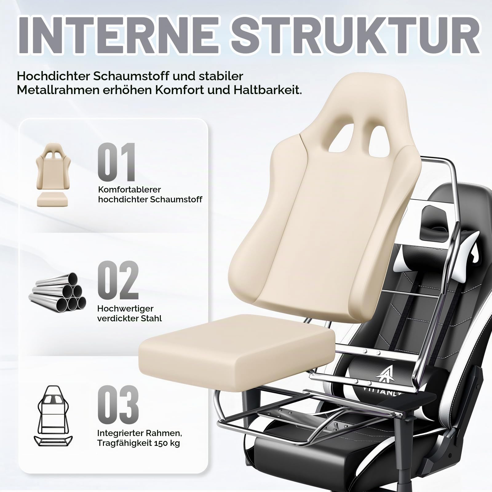 Vittanly Gaming Stuhl, 90-165° Rückenlehne, Tragkraft 150 kg, Weiß | Kopfstütze und Lendenkissen, Gaming Chair, Gamer Stuhl, Gaming Sessel, Bürostuh, Schreibtischstuhl