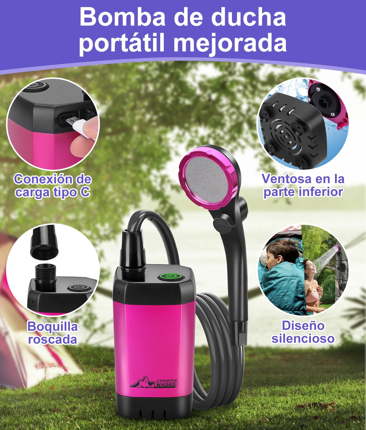 WADEO Ducha de Camping portátil con batería y Bomba, Ducha de Camping con batería Recargable 6000/8000mAh, duchas móviles de Exterior con alcachofa y Manguera, para Camping Viajes jardín Coche Lavado
