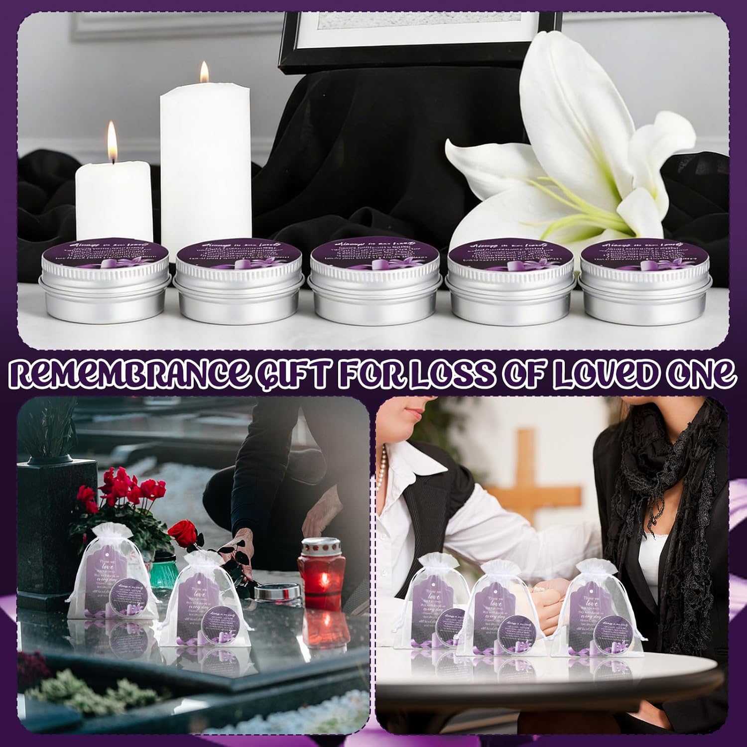 Conelist 60 Sets Funeral Favors for Guests Memorial Candles Gift Celebration of Life Funeral Candles Prayer Cards Organza Bag Supply Scented Sympathy Gift Memorial Service Grief Share Meeting(Purple)