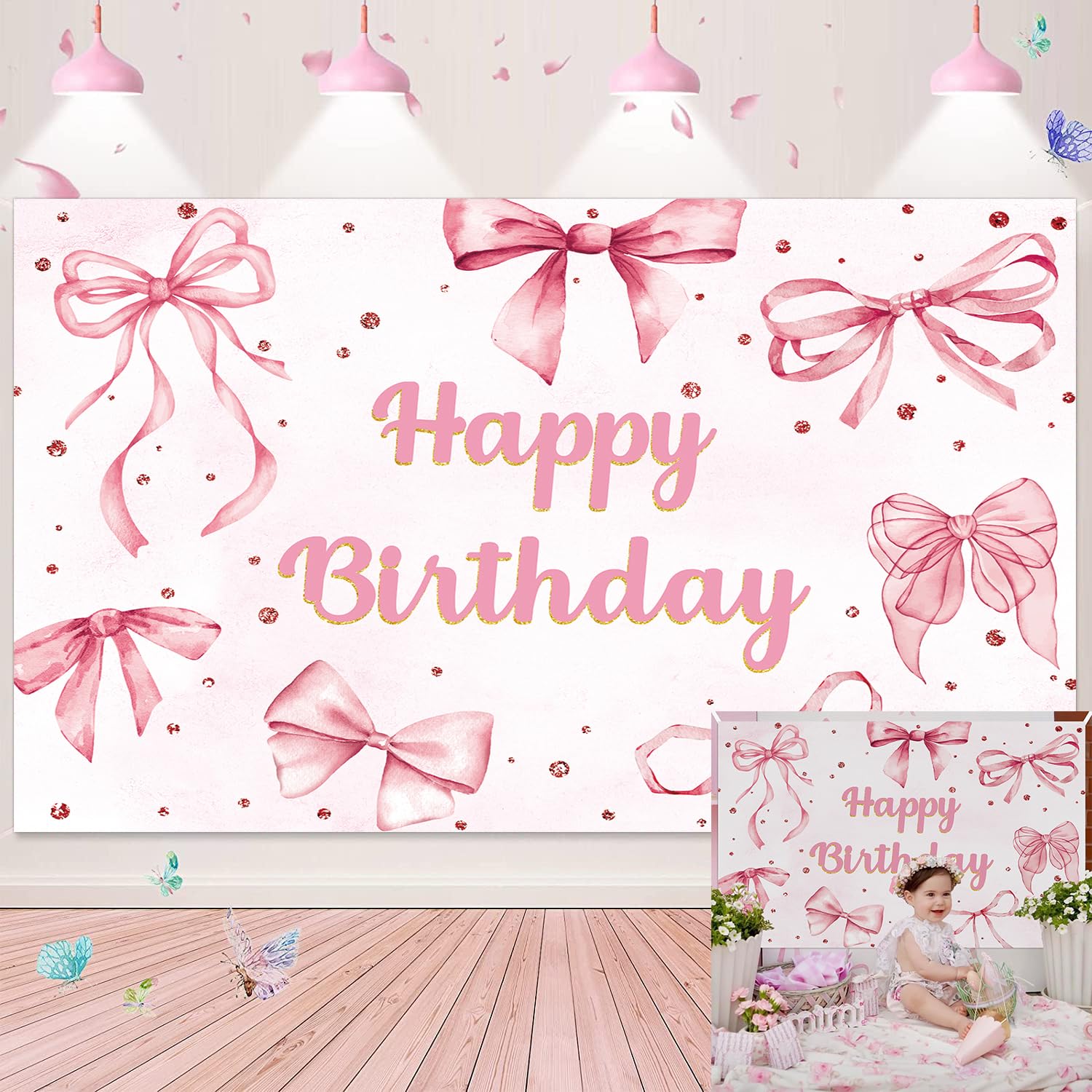 Pink Bow Happy Birthday Backdrop Coquette Birthday Party Photography Background for Girls Women Cute Bachelorette Party Baby Shower Decoration Banner