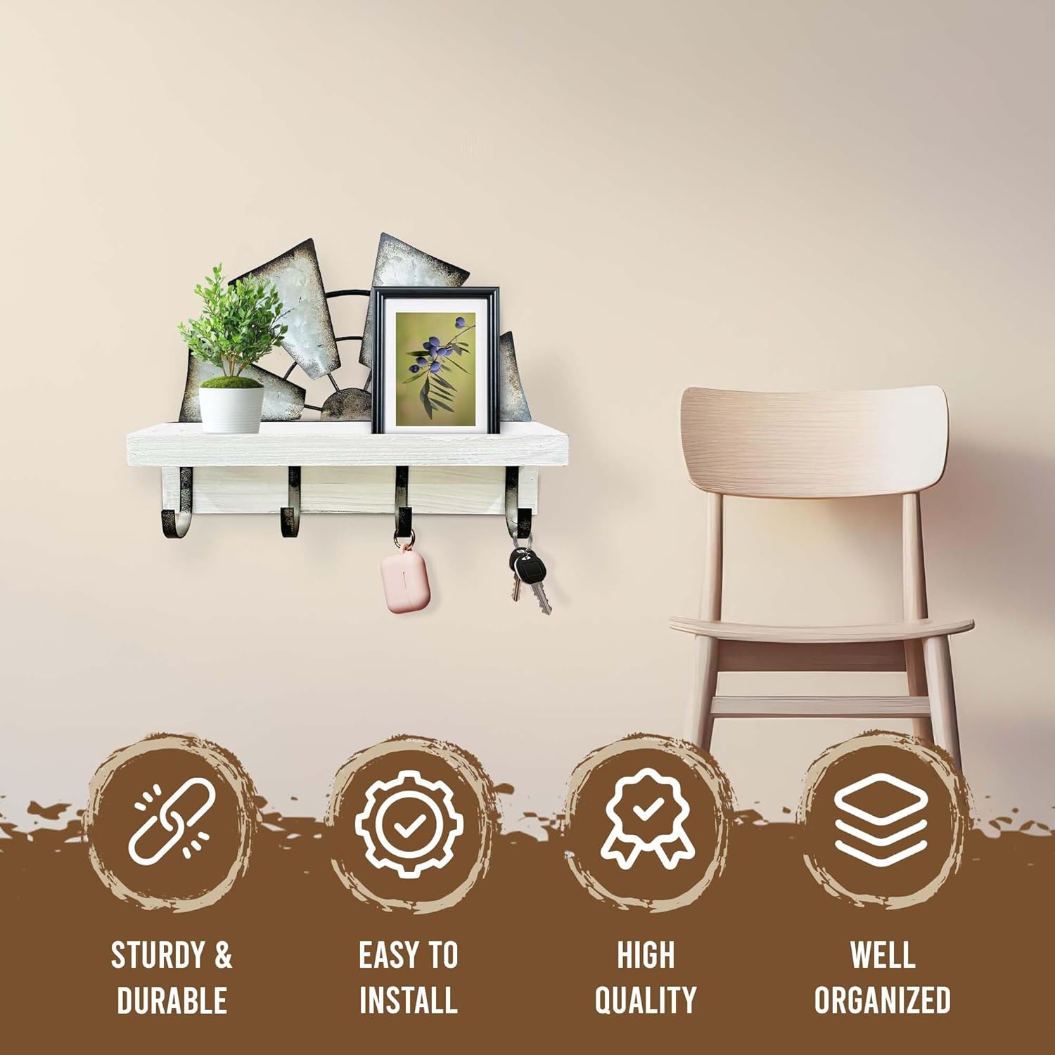 Windmill Key Holder Wall Mount, Decorative Wall Mounted Key and Mail Rack with Shelf, Farmhouse Wall Decor, 4 Rustic Hooks for Coats & Keys, White Western Key Holder.