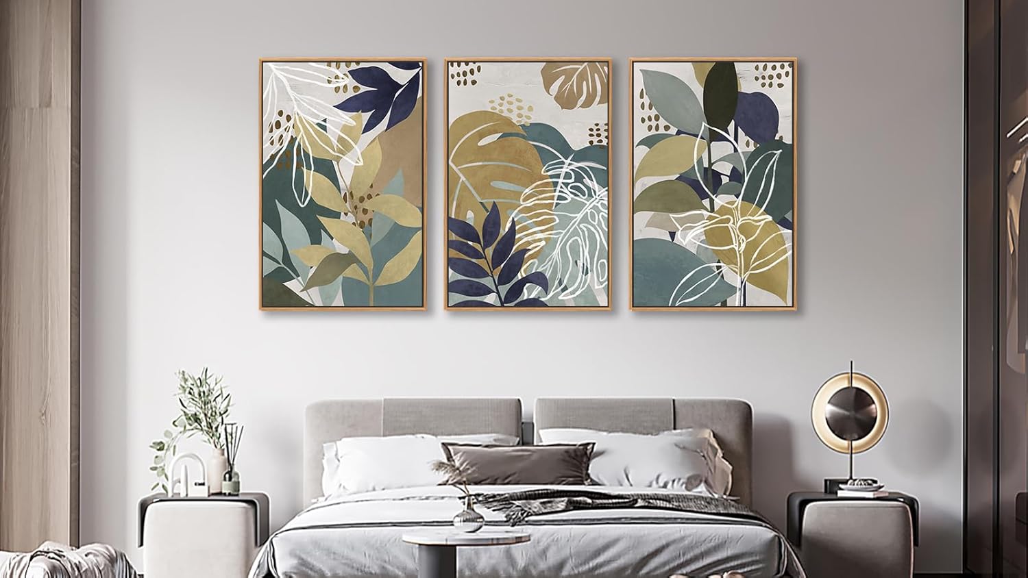 large botanical wall art for living room natural wood float framed art set of 3 tropical plant pictures boho artwork green brown leaf canvas prints for bedroom kitchen home office wall decor 24"x36"x3 24" x 36" x 3 framed multi