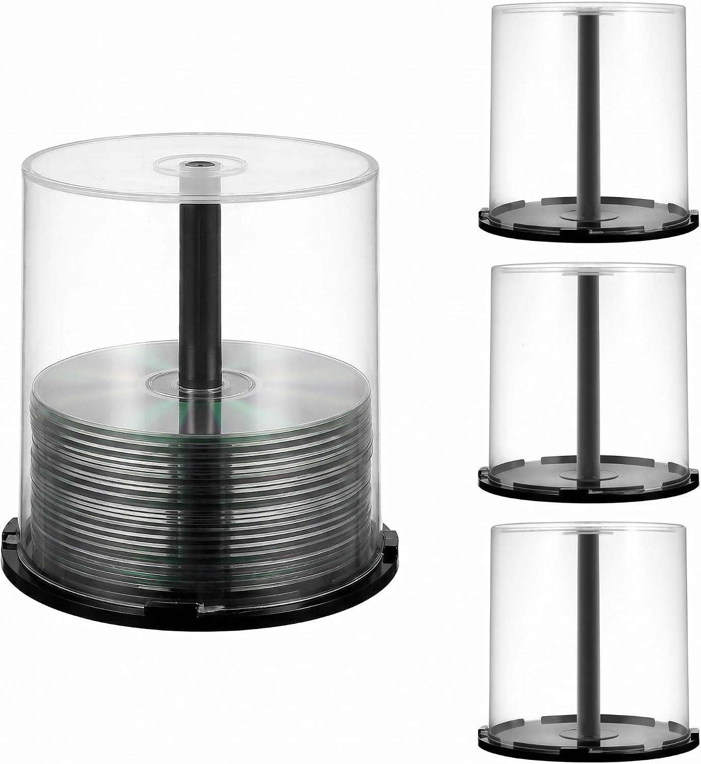 ABOOFAN CD/DVD Cake Box Spindle, 4pcs Empty DVD Storage Bucket Clear CD Holder 100 Disc Capacity Storage Containers Plastic Column Dvds Bucket with Black Spindle