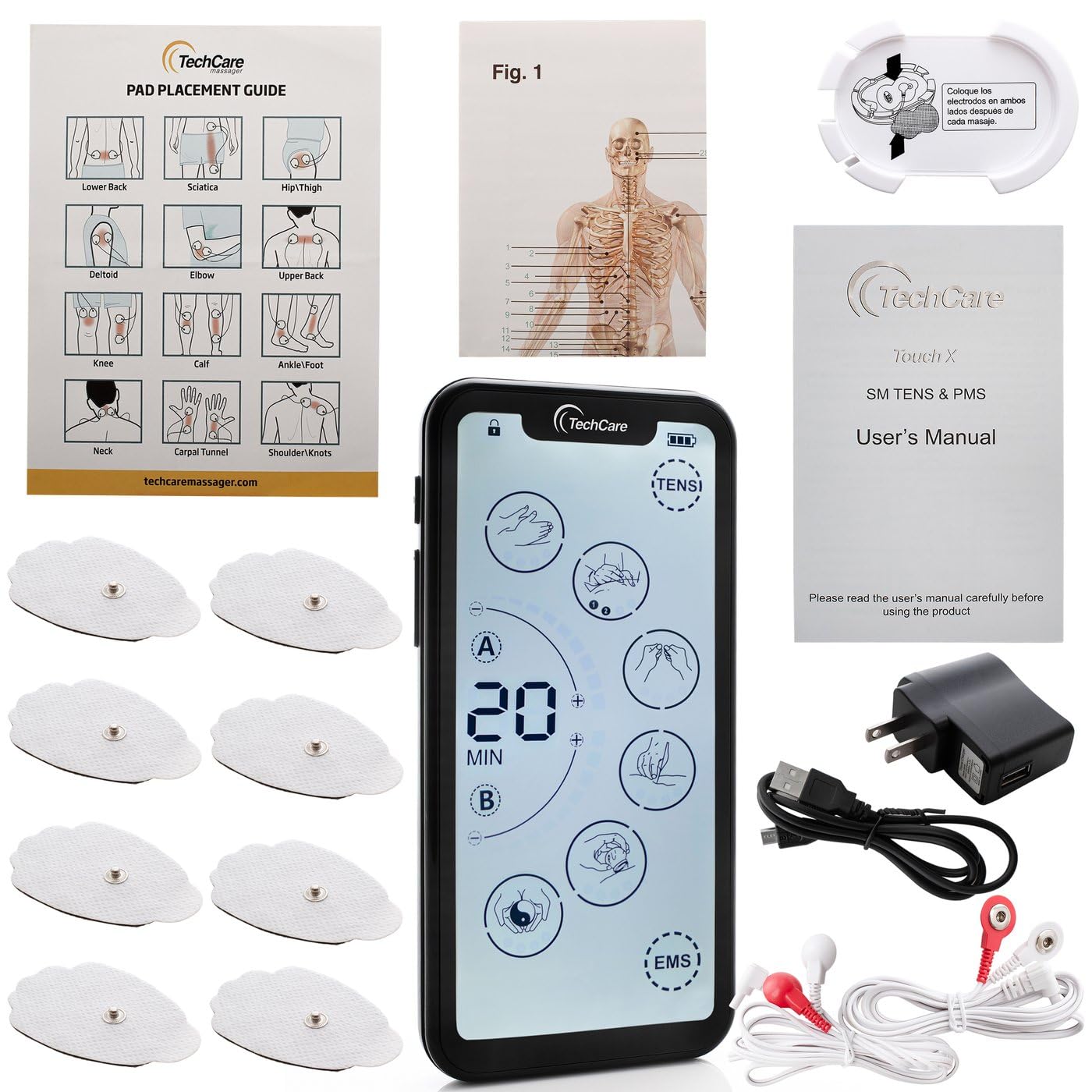TechCare Massager Stymulator mięśni - Jednostka Dziesięciu 24 Trybów, Ekran Dotykowy Masażu Pulsu Ems