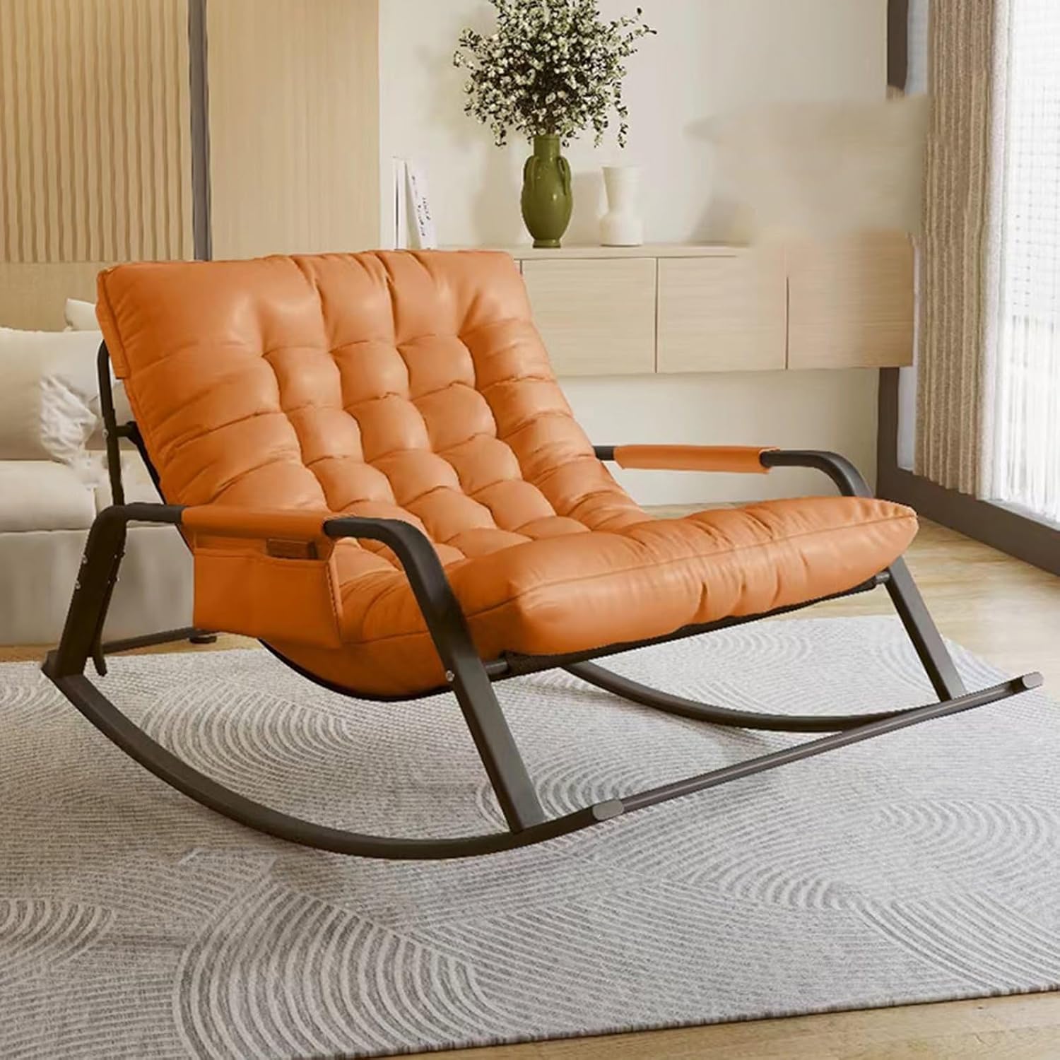 ロッキングチェア屋内&amp;屋外サンバロッキングチェア、厚いパッド入りクッション付きデラックスラウンジチェア、サイドポケットポータ