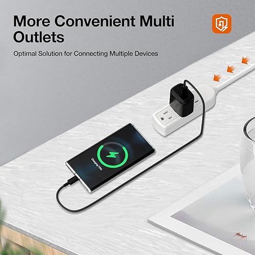 Miniatura 6 de Paquete de 2 regletas de alimentación de 3 clavijas, color blanco delgado, 3 tomas de tierra, cable de alimentación de extensión resistente de 1