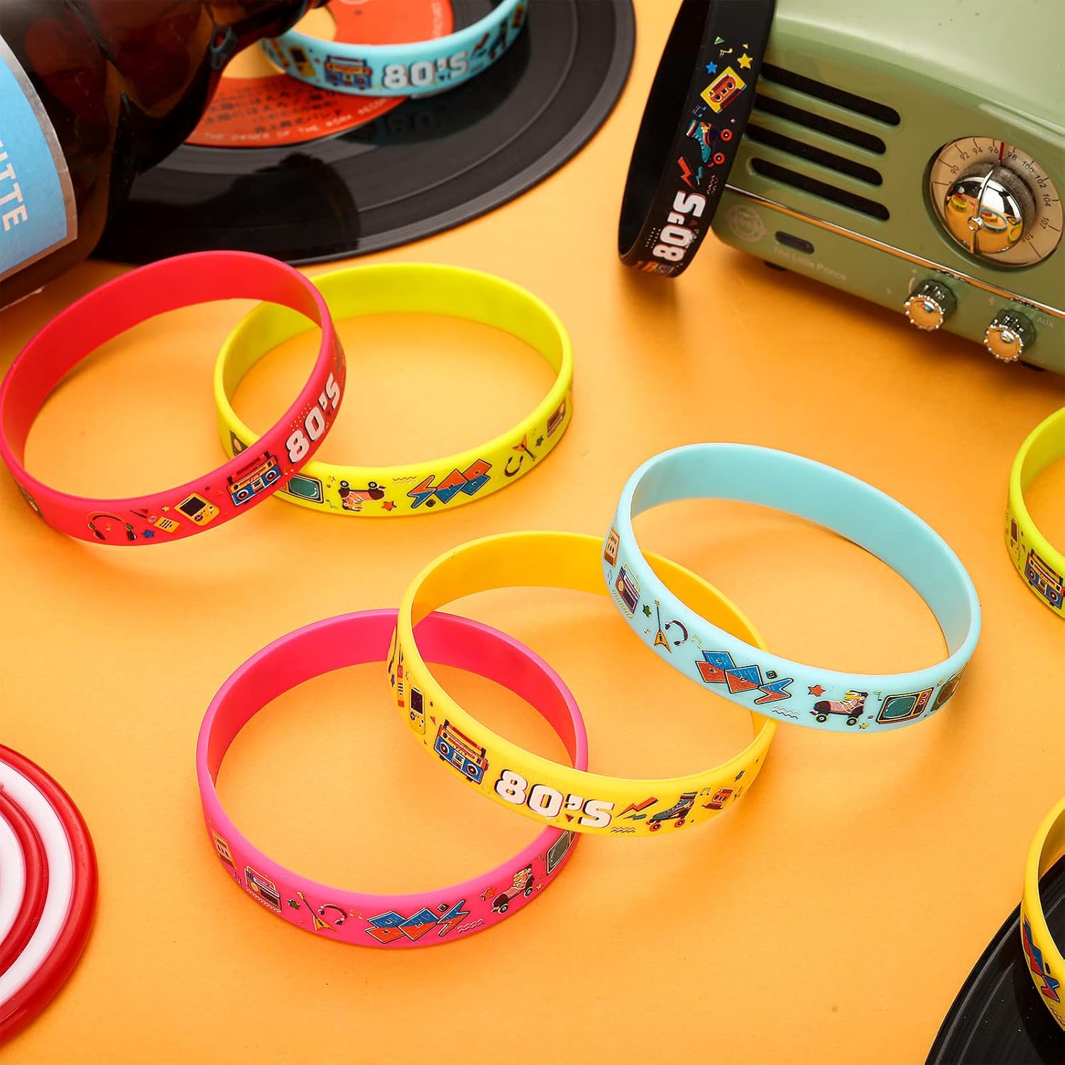 Leitee 48 Pcs 80s Party Favors 1980s Themed Silicone Bracelets 80s Jewelry for Women Men Radio Roller Skate 80s Bracelets Retro Rubber Wristbands for 1980s Party Birthday Music Party Supplies - Image 6