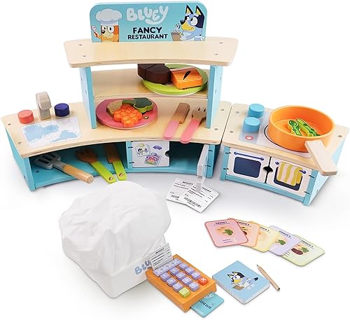 Bluey Juego de mesa y restaurante - Cocina de madera para niños con horno, fregadero, nevera y accesorios de cocina - Juguete de madera certificado