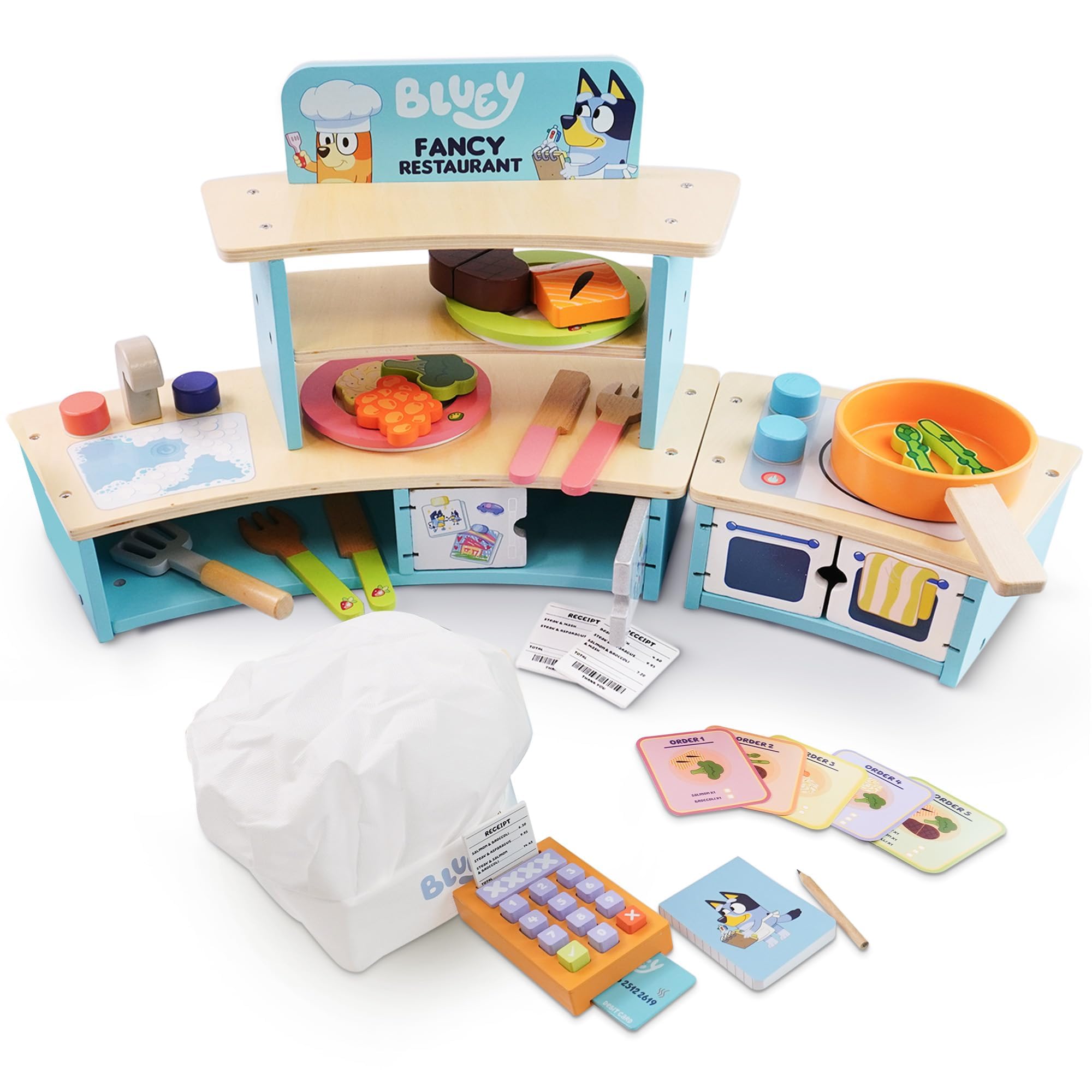 Bluey Tabletop Restaurant Playset – Wooden Pretend Play Kitchen for Kids with Oven, Sink, Fridge & Cooking Accessories – FSC Certified Wooden Toy for Imaginative Role Play – Ages 3+