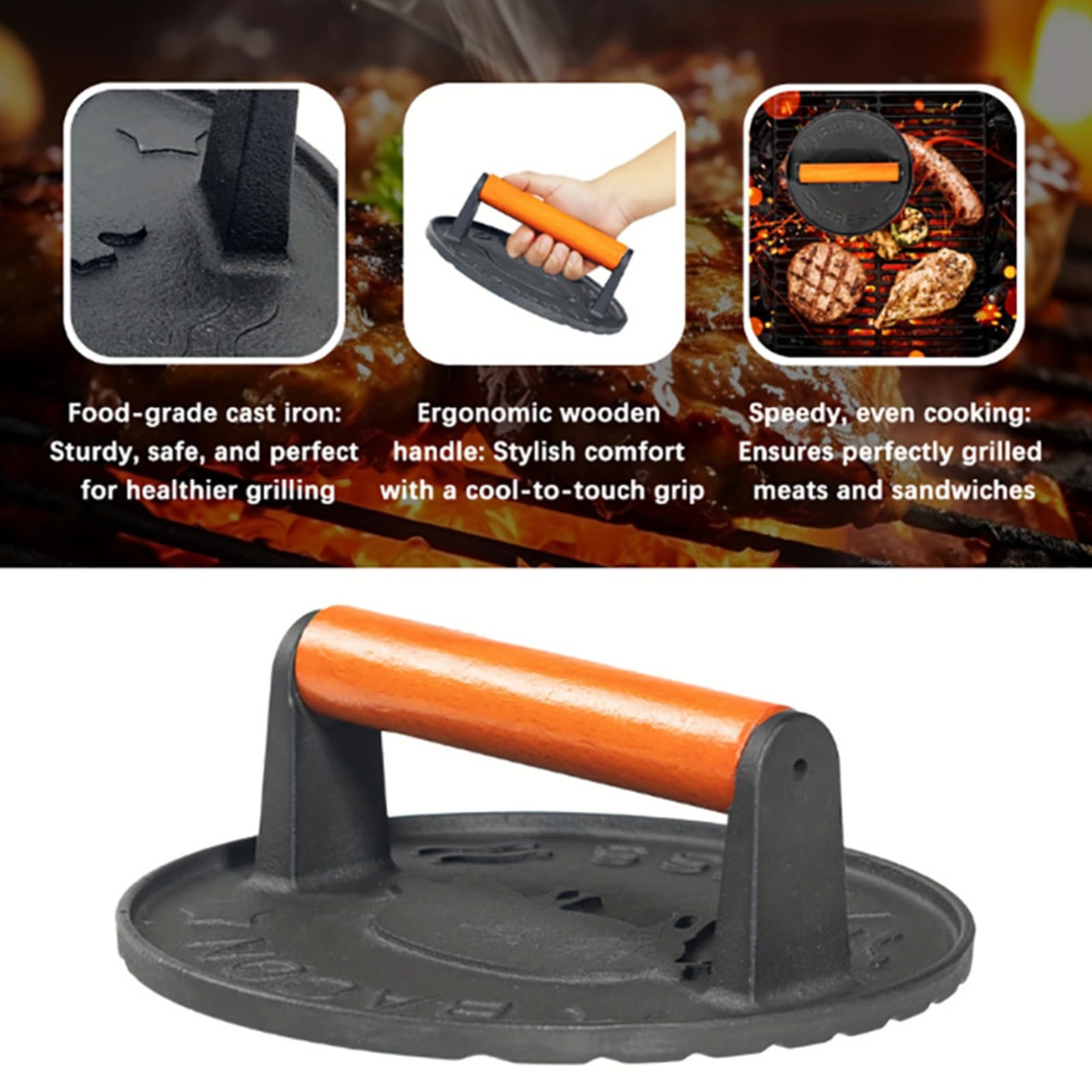 Gusseisen Burgerpresse, robuster Patty Maker mit ergonomischem Holzgriff für Bratpfannen und Grills Verwenden Sie Kochutensilien, hitzebeständige Presse