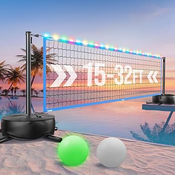 Inground Pool Volleyball Net Set, LED Light, 15-32FT Adjustable | Heavy Duty Water Bag Base, 21-Strand PE Net with Anti-Sag Design, Rust-Resistant Outdoor Use, 2 Balls for Kids Adults Family