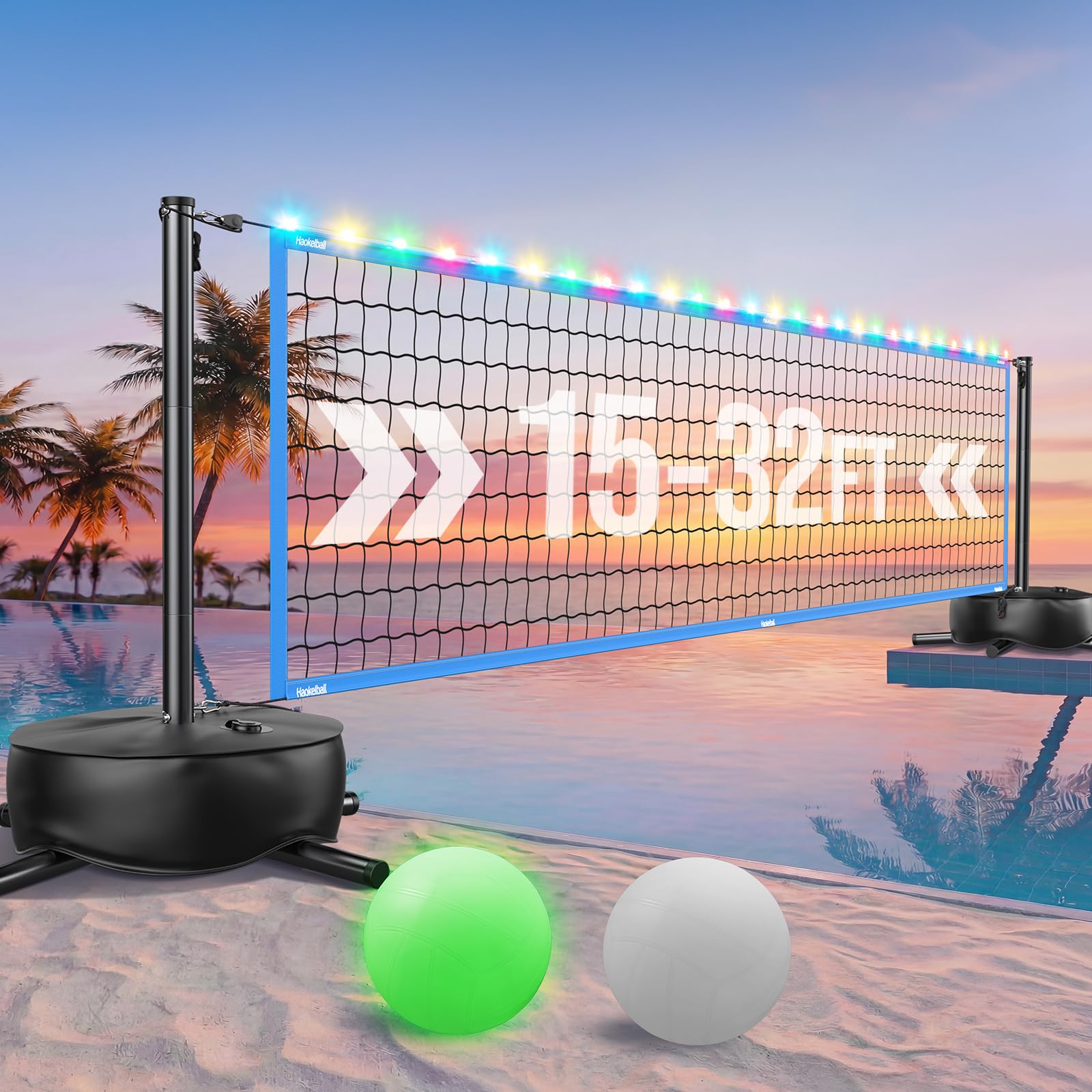 Photo 1 of Haokelball Inground Pool Volleyball Net Set, LED Light, 15-32FT Adjustable