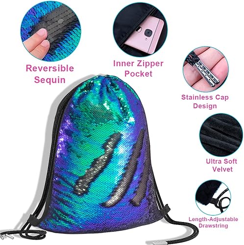 Miniatura 5 de Mermaid Reversible Sequin Drawstring Backpack Christmas Gift Party Bag Headband Keychain Bracelet for Kids Girls Birthday