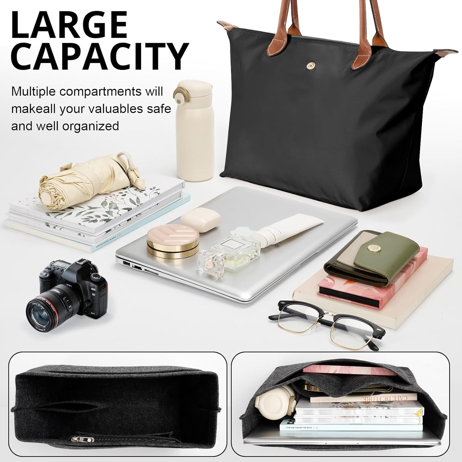 Tote Bag for Women with Purse Organizer Insert, Foldable Large Capacity Waterproof Nylon Bag for Travel, and Daily Use - Image 5