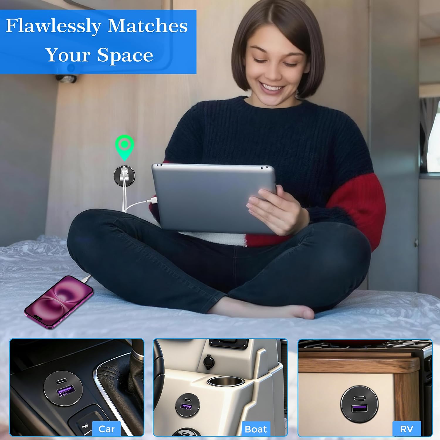 RV USB Outlet All-Aluminum DC 12V/24V PD3.0 & QC3.0 USB Charger, Recessed Mount Fast Charge Car USB Ports Outlet Cigarette Lighter Replacement for Camper, Trailer, Van, Car, Boat, Truck (Pre-Wired)