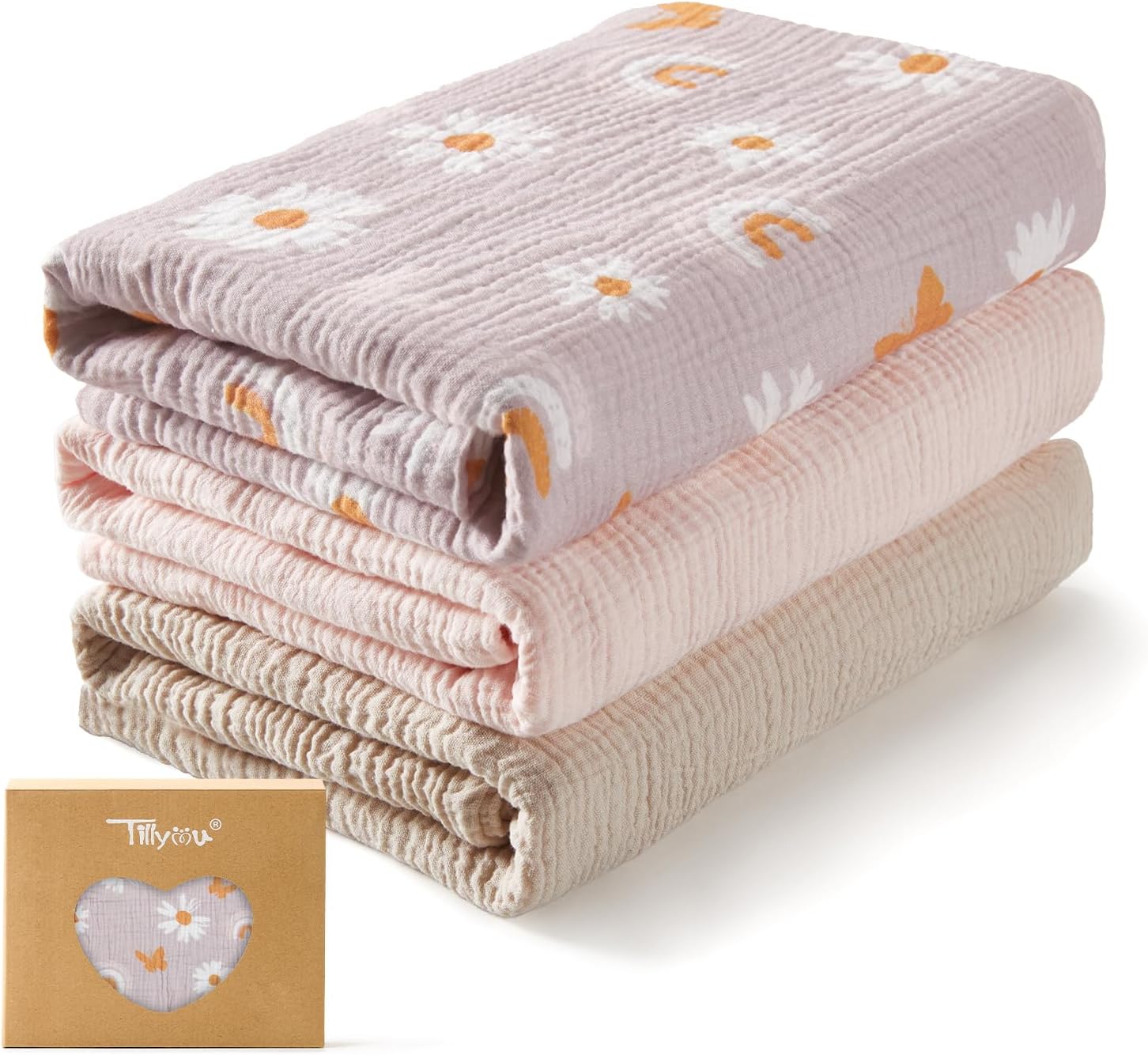 TILLYOU 3 Pack Muslin Swaddles for Newborns Baby Blankets for Girls Boys Cotton Swaddle Blankets 40"x40", Pink Butterfly