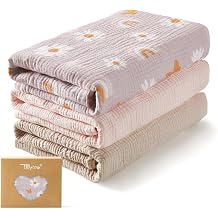 TILLYOU 3 Pack Muslin Swaddles for Newborns Baby Blankets for Girls Boys Cotton Swaddle Blankets 47"x47", Pink Butterfly