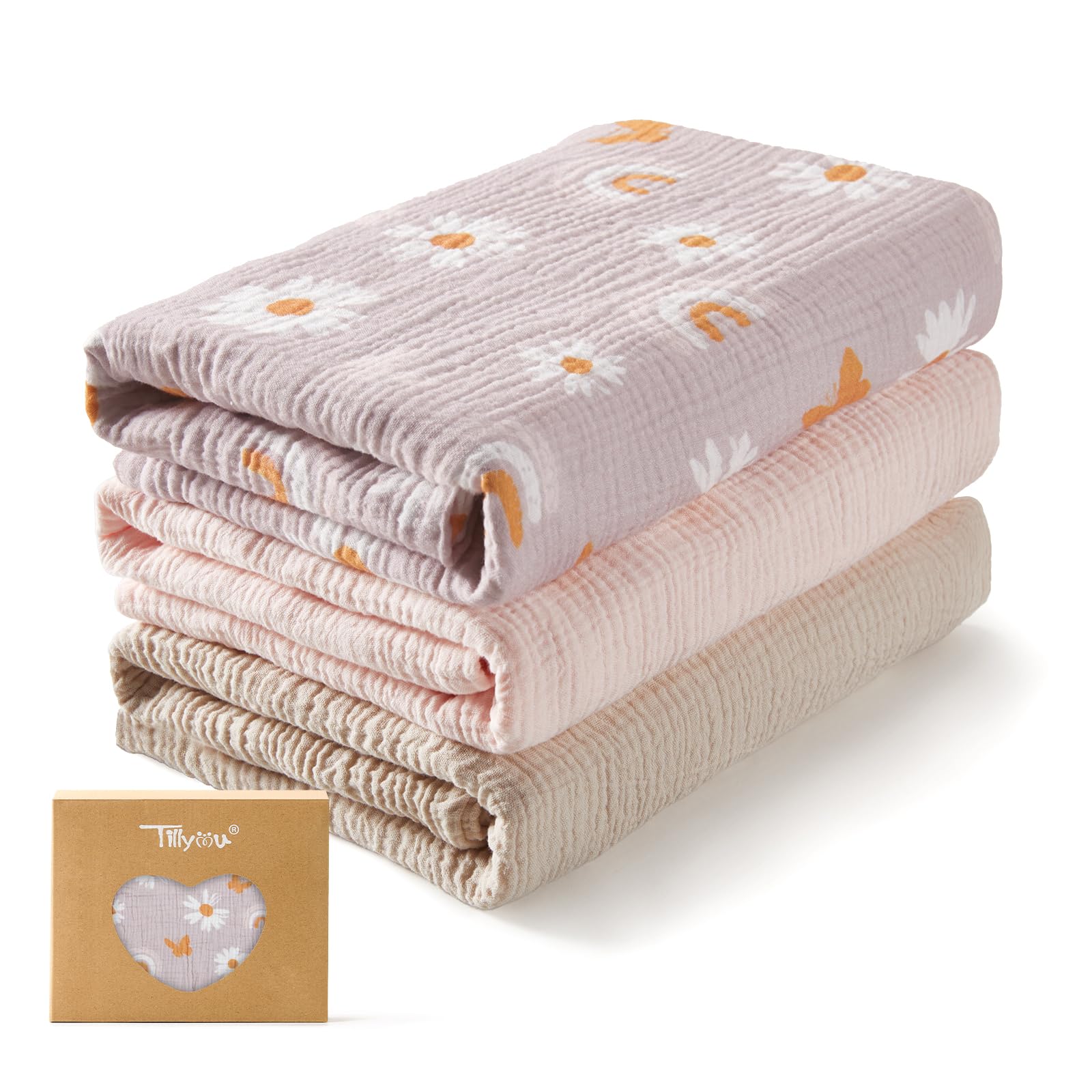 TILLYOU 3er Set Musselintücher Baby Pucktuch 75x100 cm Musselin Decke Baby Pucktücher 100% Baumwolle Babydecke, Rosa Schmetterling