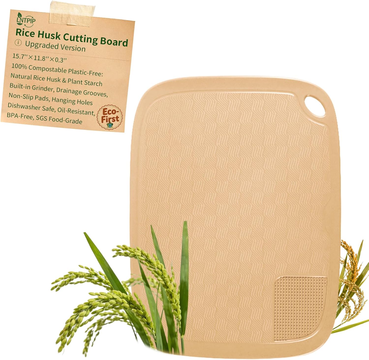 Compostable Rice Husk Cutting Board, Rice Husk Fiber & Natural Starch, 15.7" x11.8", Dishwasher Safe, Non-Slip Pads, Grinding Area, Juice Groove, BPA-Free, SGS Food-Grade Certified