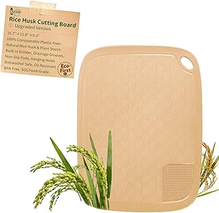 Compostable Rice Husk Cutting Board, Rice Husk Fiber & Natural Starch, 15.7" x11.8", Dishwasher Safe, Non-Slip Pads, Grinding Area, Juice Groove, BPA-Free, SGS Food-Grade Certified