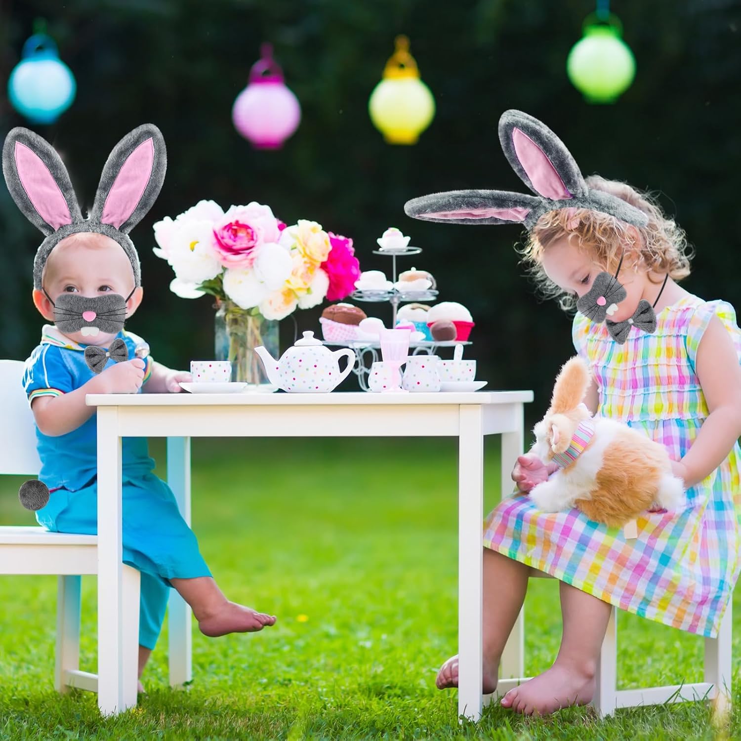 Mototo 4 PCS Easter Bunny Ears Costume Accessories Plush Bunny Ears Headband and Tail Set Rabbit Nose Bow Tie for Adult Girl Boy Halloween Cosplay Birthday Performance School Stage, Gray - Image 6