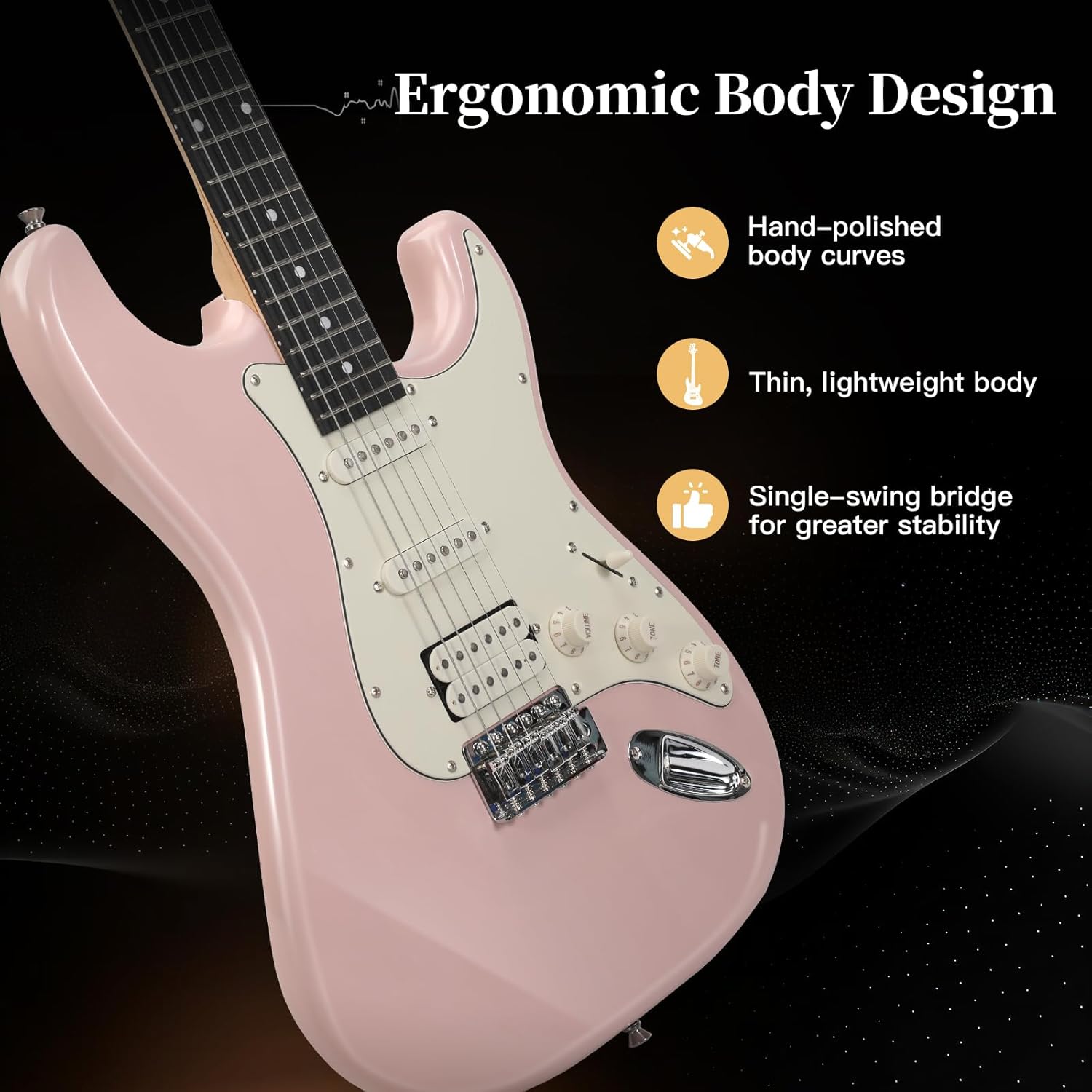Musicool 39 Inch Electric Guitar Starter Kit– HSS Pickups Solid Body Electric Guitar Includes Amplifier, Bag, Digital Tuner, Strap, String, Cable, Picks, Beginner Gift（Pink ）