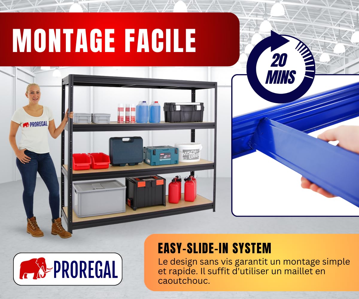 PROREGAL Étagère Charge Lourde Dino | HxLxP 180x200x60cm | 500kg par Niveau | Noir | Étagère Robuste de Garage, Atelier, Cave, sous-Sol, Stockage, Rangement, Rayonnage
