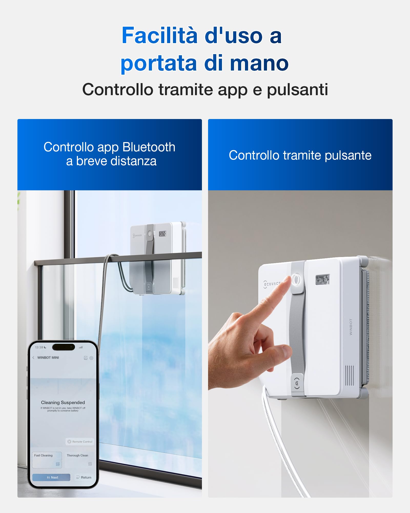 ECOVACS WINBOT MINI Robot Lavavetri, Design Compatto, Doppi Ugelli con Spruzzo Ultrasonico, Sistema di Protezione a 9 Fasi, Pianificazione Intelligente del Percorso, 3 Modalità di Pulizia