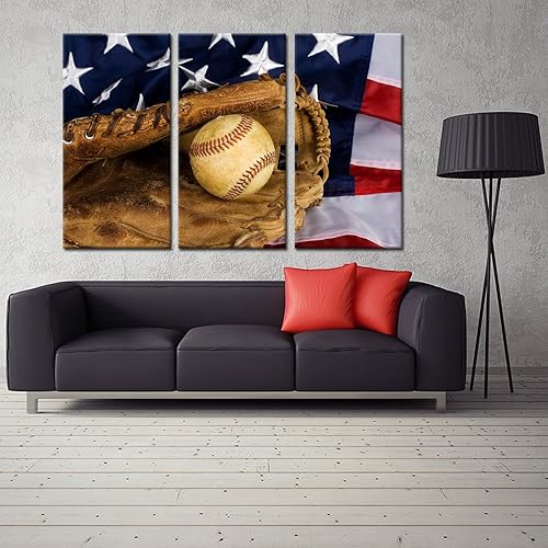 Miniatura 2 de KREATIVE ARTS - 3 impresiones en lienzo grandes para pared, póster de béisbol y bandera estadounidense, imagen deportiva impresa en lienzo, estirada
