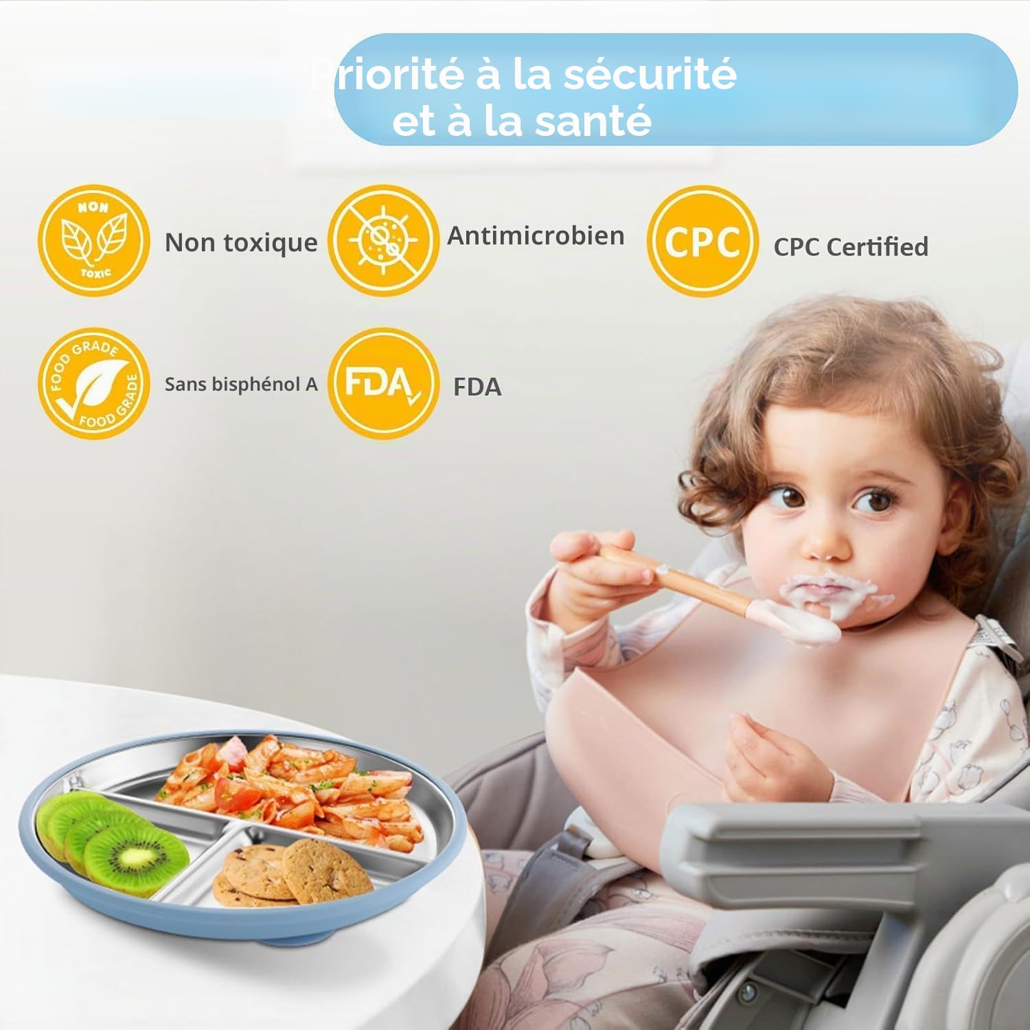 Set De 2 Assiettes En Acier Inoxydable Avec Ventouse Pour Bébé Et set De 1 Cuillères Et Fourchettes, Repas Antidérapant pour Bébé, non toxique et sans BPA