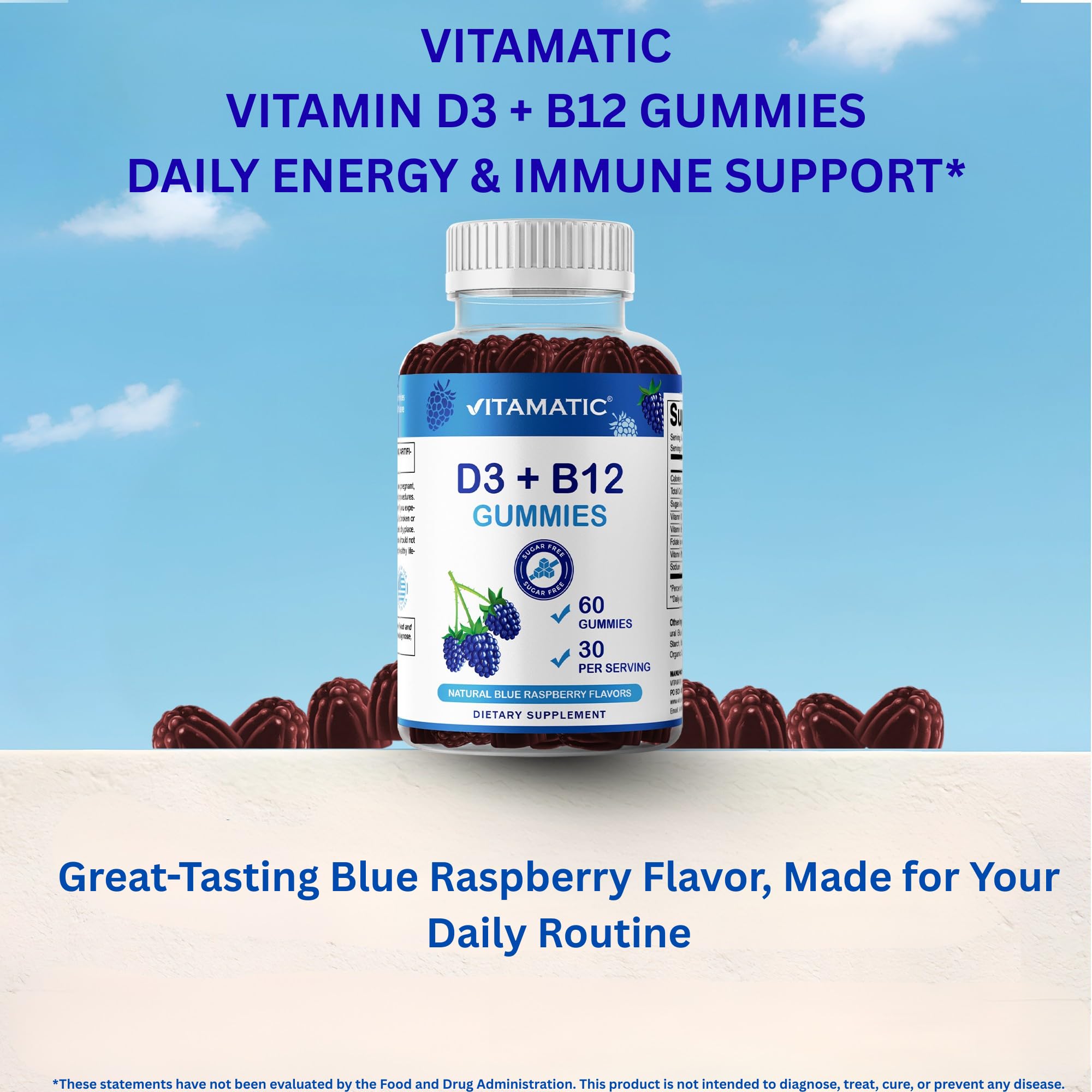 Vitamatic Vitamin D3 + B12 Gummies Made with Folate & Vitamin B6 - Natural Blue Raspberry Flavor – 60 Gummies – Made in the USA — Amazon image 5