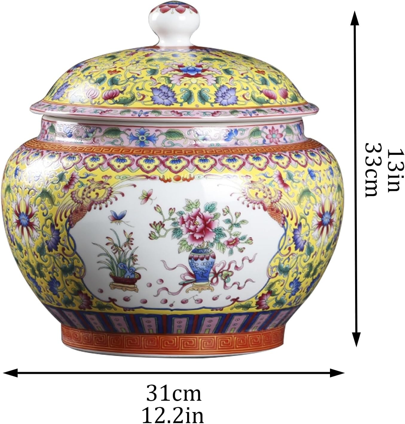 Large Ceramic Rice Bucket, Chinese Design Rice Container Bucket Cylinder with Lid, Rice Storage Jar with Tassel, for Rice, Oatmeal, Coffee, Snacks(Yellow)