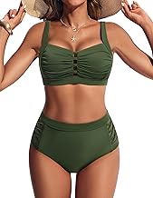 Women's Bikini Set, High Waist Tummy Control Swimsuit, Push-Up Two-Piece Swimwear, Bust Cutout Sexy Bikinis, Pleated Elegant Beachwear, Swimsuits with Adjustable Crisscrossed Straps at The Back