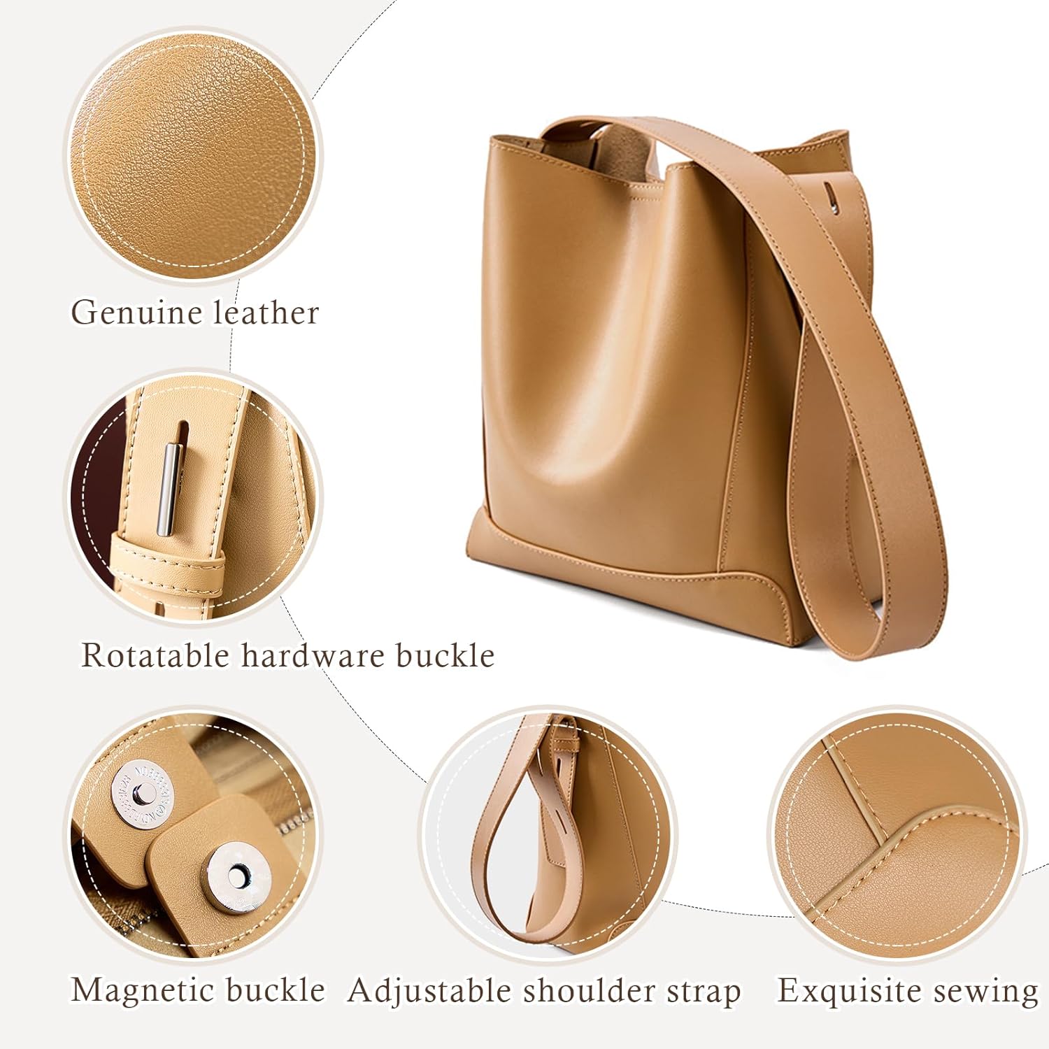 Genuine Leather Tote Bag, Shoulder Purse for Women, Medium Bucket Handbags, Hobo Crossbody Bags, Adjustable Strap - Image 5