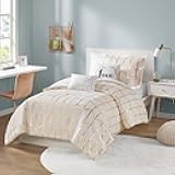 Intelligent Design Raina Duvet Set Metallic Print Geometric Style Embroidered Toss Pillows Modern Trendy All Season Comforter Cover Bedding-Set with Matching Sham, Twin/Twin XL, Ivory/Gold 4 Piece